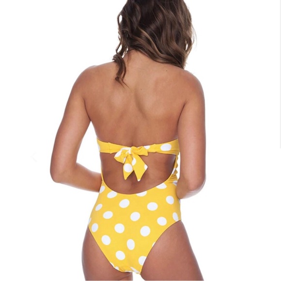 Elie & Bella One-piece yellow white polka dots back tie swimsuit size L - Picture 2 of 9